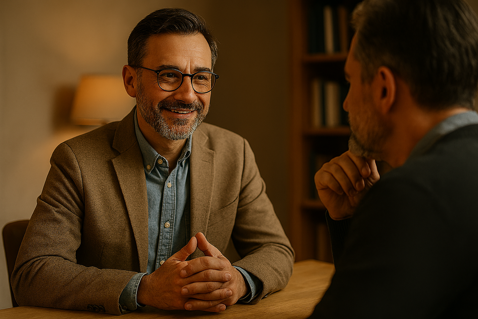 Consultor de marketing humano conversando con empresario en un entorno acogedor