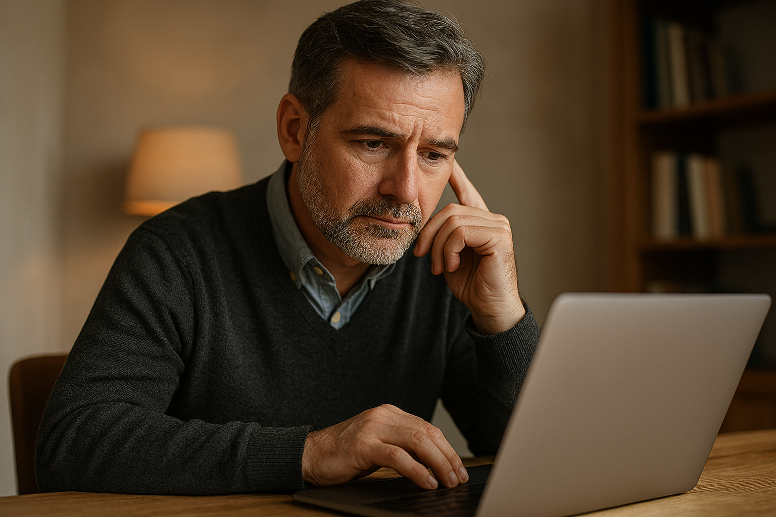 Empresario mayor trabajando en un portátil en un entorno cálido y profesional