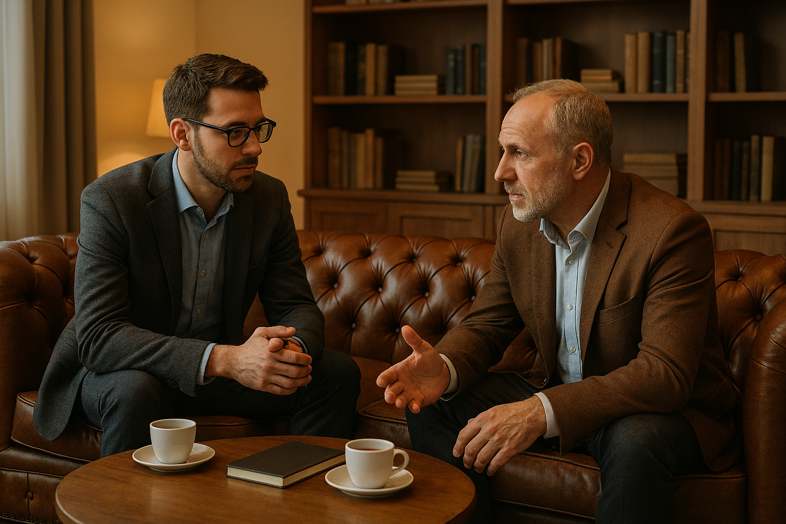 Consultor y empresario sentados en sofá chesterfield en oficina acogedora, con luz cálida, mesa pequeña con dos tazas de café y cuaderno, estanterías llenas de libros al fondo. Imagen profesional que transmite confianza y acompañamiento estratégico.