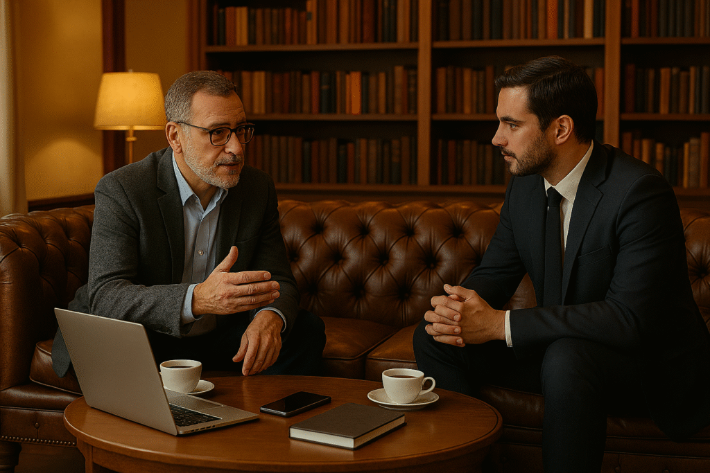 Consultor y empresario sentados en sofá chesterfield en oficina acogedora, con luz cálida, mesa pequeña con dos tazas de café y cuaderno, estanterías llenas de libros al fondo. Imagen profesional que transmite confianza y acompañamiento estratégico.