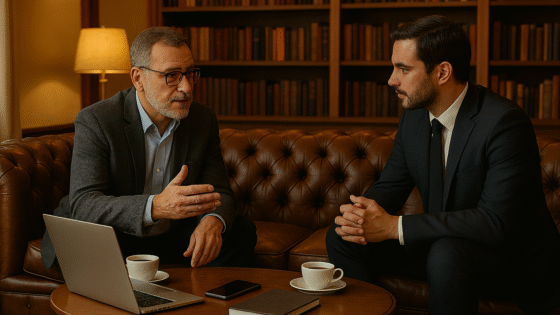 Consultor y empresario sentados en sofá chesterfield en oficina acogedora, con luz cálida, mesa pequeña con dos tazas de café y cuaderno, estanterías llenas de libros al fondo. Imagen profesional que transmite confianza y acompañamiento estratégico.