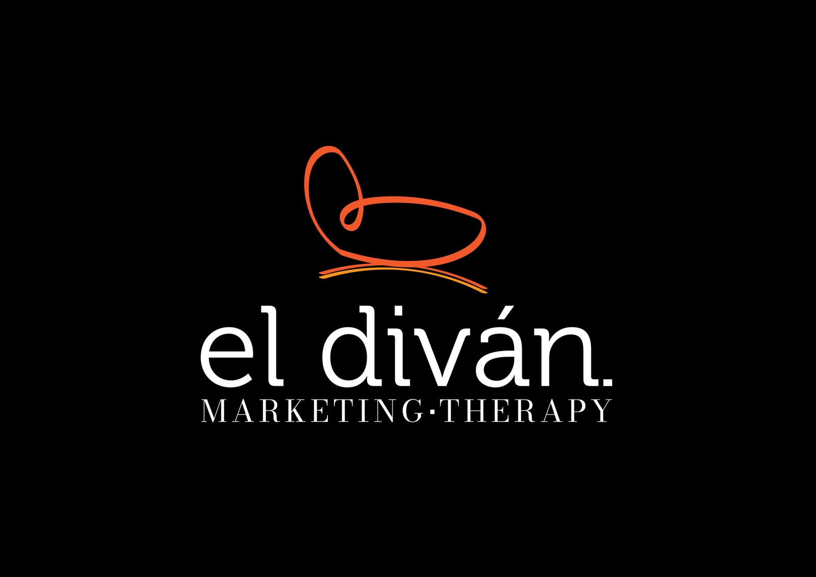 Logo de El Diván MKT con tipografía en blanco sobre fondo negro, destacando la frase 'el diván' y el subtítulo 'MARKETING · THERAPY'. Incluye un icono abstracto de un diván en color naranja/rojo.