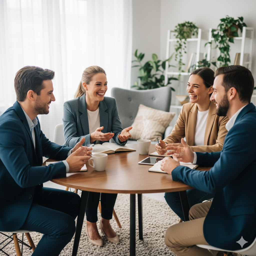 Reunión de negocios de El Diván Marketing Therapy, con trato personal y ambiente acogedor, simbolizando el marketing humanizado y la conexión emocional con el cliente.