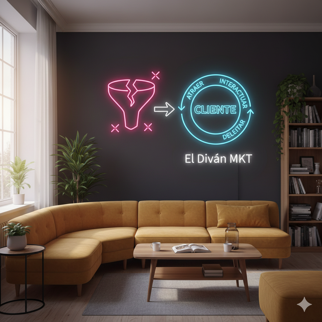 Diagrama conceptual y circular del Círculo de Confianza (Flywheel), que muestra las fases de Atraer, Interactuar y Deleitar, con el cliente en el centro.