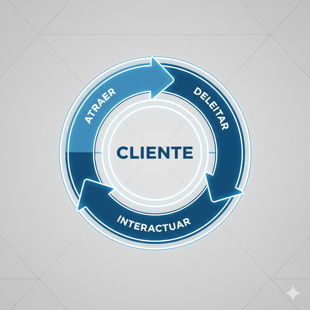 Diagrama del Círculo de Confianza (Flywheel) que muestra las tres fases: Atraer, Interactuar y Deleitar, con el cliente en el centro y flechas de movimiento continuo.