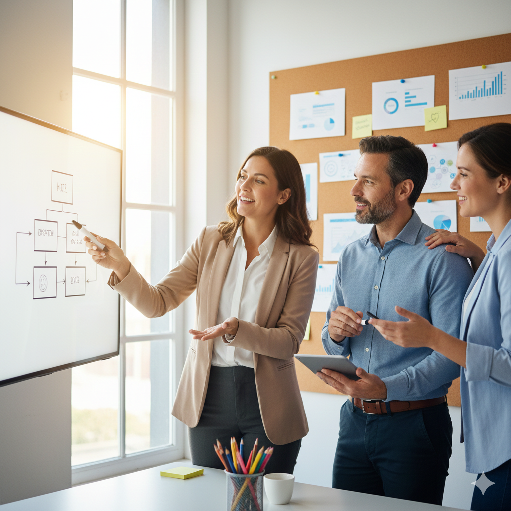 Un equipo de profesionales gestionando activamente una estrategia con dinamismo y cercanía, simbolizando la Empatía Operacional y la acción humana en la empresa.