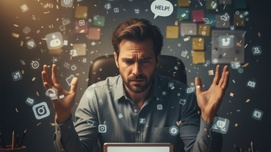 Empresario agobiado y frustrado, rodeado de logotipos confusos de software y cables, pidiendo ayuda. Ilustración de la sobrecarga digital que complica la vida de la pyme.
