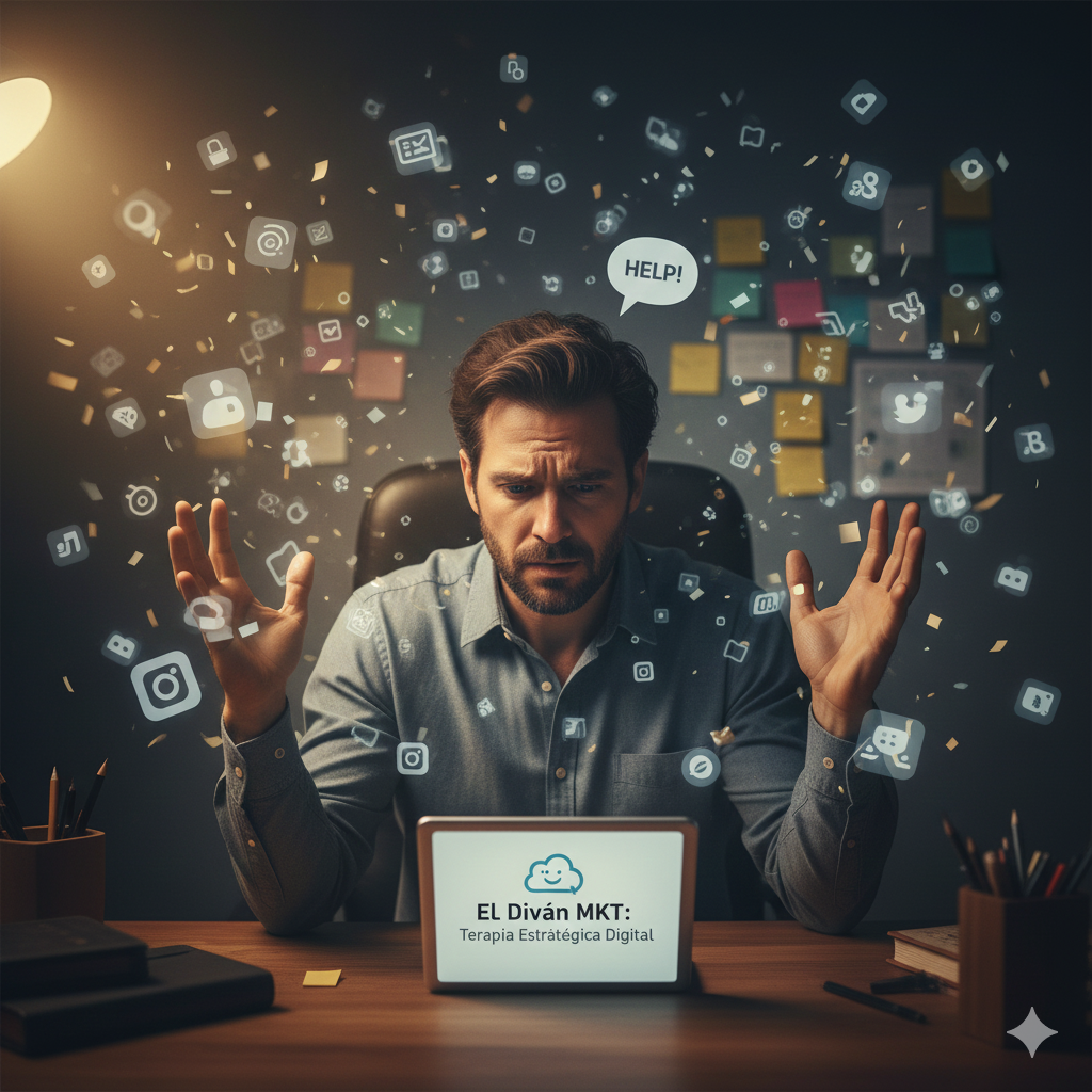 Empresario agobiado y frustrado, rodeado de logotipos confusos de software y cables, pidiendo ayuda. Ilustración de la sobrecarga digital que complica la vida de la pyme.