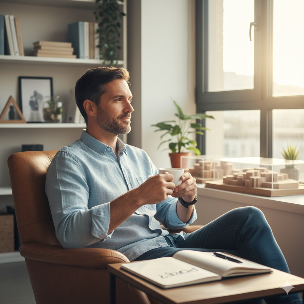Empresario en un ambiente limpio y luminoso, reflexionando sobre el por qué y el propósito fundamental de su negocio con una expresión optimista y clara.