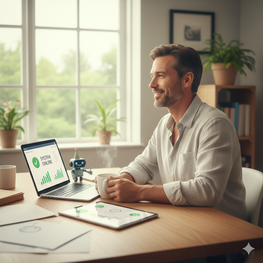 Empresario de pyme con expresión tranquila y relajada en un escritorio organizado, que simboliza la facilidad de gestión y la paz mental tras una Terapia Estratégica. Enfocado en la Esencia de Marca.