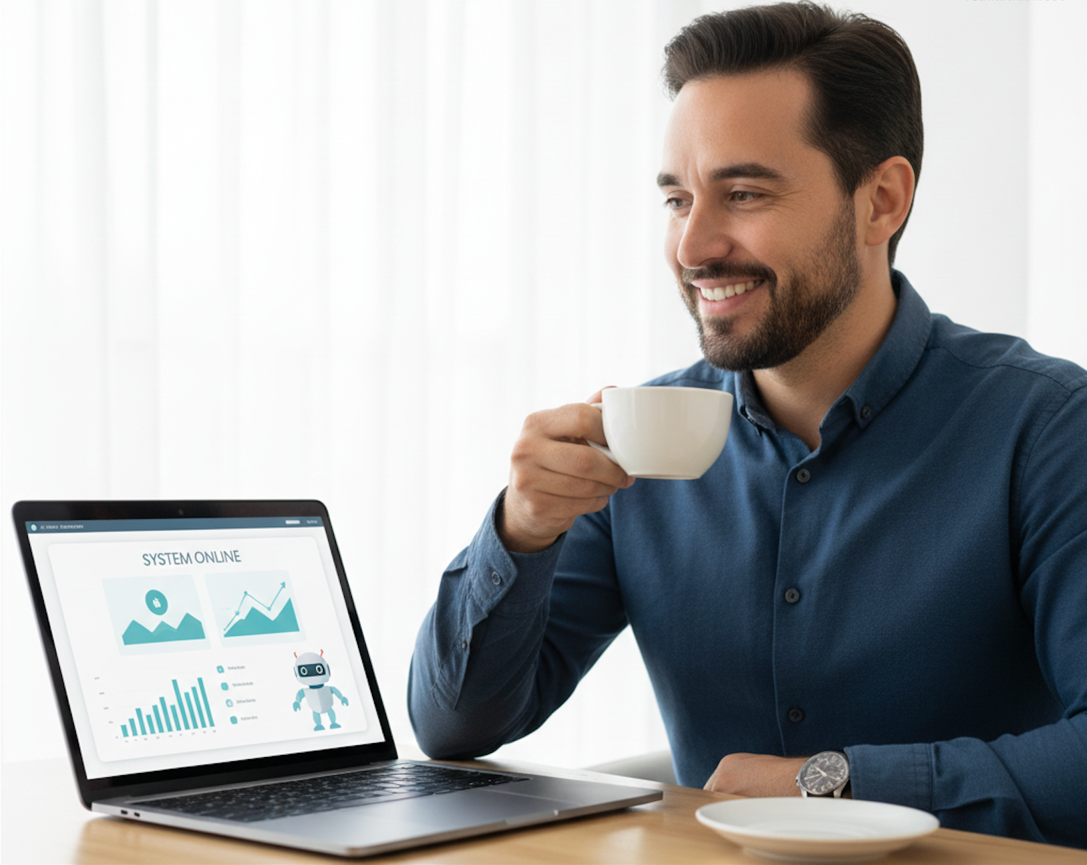 Líder empresarial tranquilo y calmado que ha simplificado su gestión y ha logrado el control total de su negocio. Ilustra el éxito tras aplicar un Diagnóstico Estratégico sin ruido.