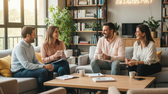 Imagen de cabecera que representa el Marketing Humanizado; un grupo de empresarios alrededor de un diván, simbolizando la conexión emocional, el trato personal y un ambiente acogedor.