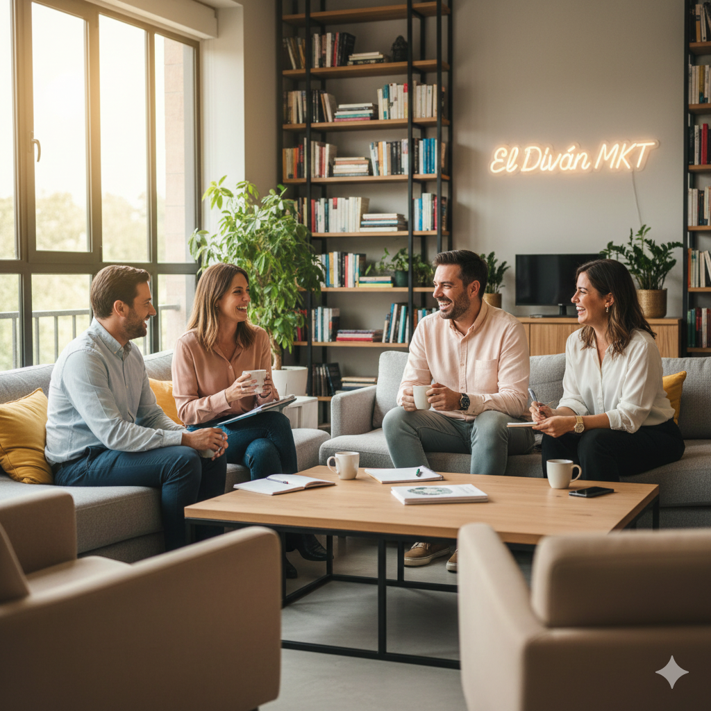 Imagen de cabecera que representa el Marketing Humanizado; un grupo de empresarios alrededor de un diván, simbolizando la conexión emocional, el trato personal y un ambiente acogedor.