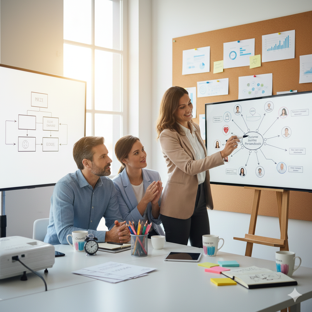 Reunión de consultoría de negocios que simboliza la personalización en la gestión empresarial, enfocándose en el individuo frente a los procesos estandarizados.