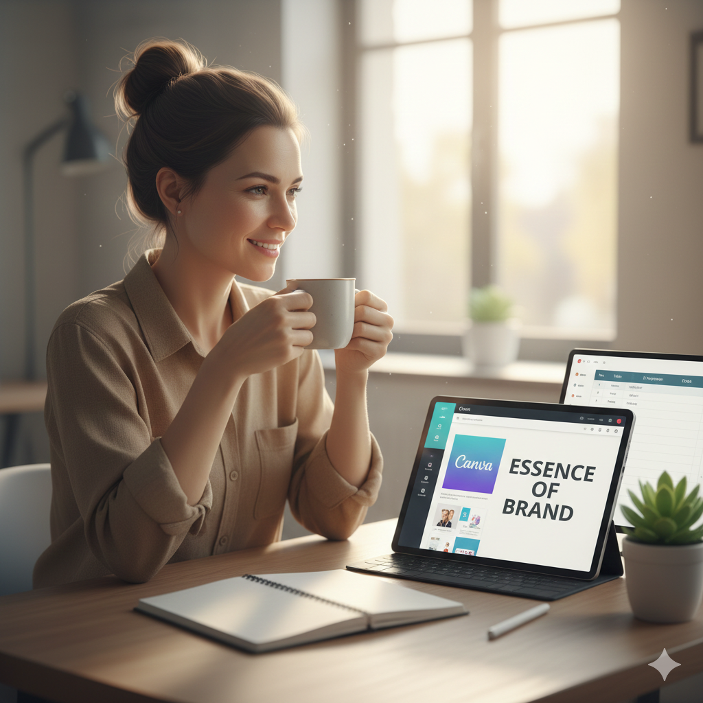 Mujer profesional sonriente mostrando tabletas de 'Simplify' con un robot amigable. Simboliza la ayuda digital de El Diván MKT que facilita la vida y la gestión empresarial de pymes en [País/Región].