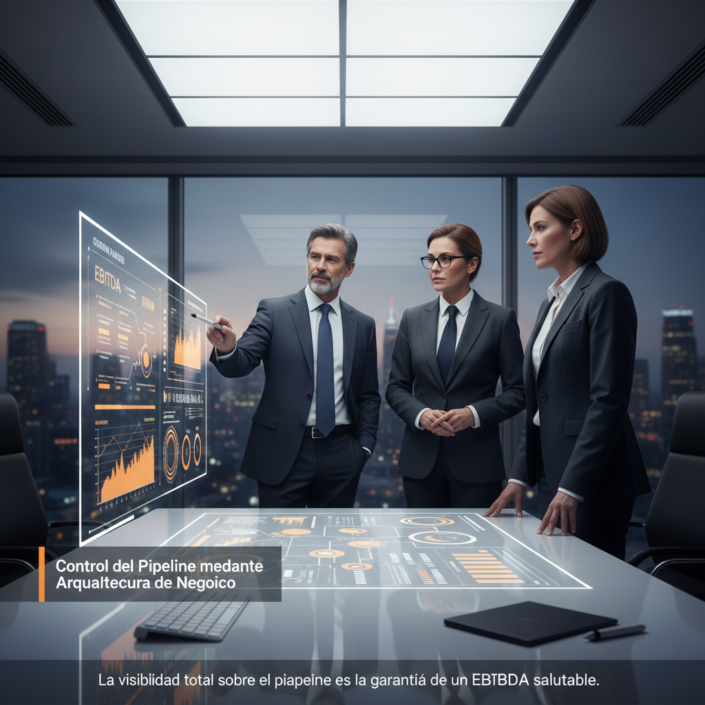 Alta dirección supervisando el pipeline de ventas industrial mediante una interfaz de CRM integrada.