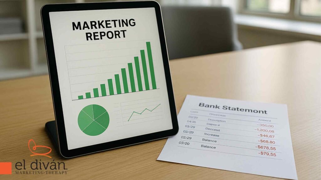 Tablet mostrando un informe de marketing con gráficas verdes ascendentes junto a un extracto bancario con saldo negativo, representando los KPIs de vanidad.