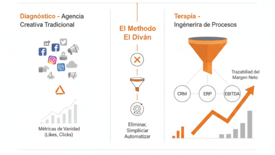 Resumen visual completo para elegir una agencia de marketing industrial, enfocada en la integración ERP, trazabilidad y optimización del EBITDA mediante ingeniería de procesos.