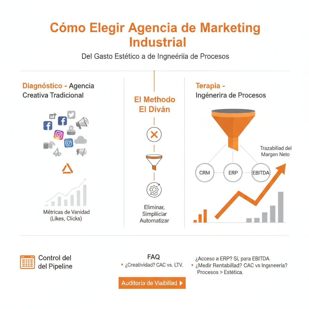Resumen visual completo para elegir una agencia de marketing industrial, enfocada en la integración ERP, trazabilidad y optimización del EBITDA mediante ingeniería de procesos.