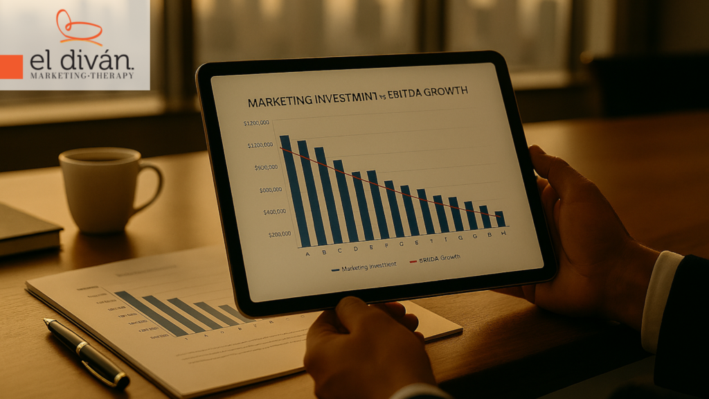 Gráfico comparativo de inversión en marketing frente a crecimiento de EBITDA en una oficina de dirección premium.