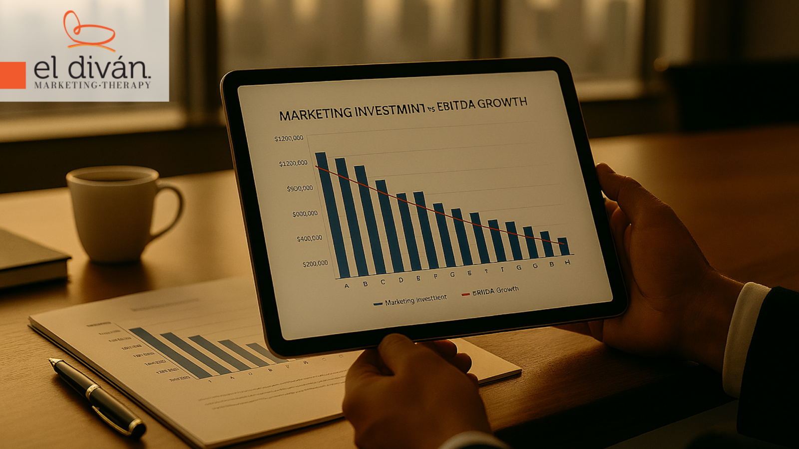 Gráfico comparativo de inversión en marketing frente a crecimiento de EBITDA en una oficina de dirección premium.