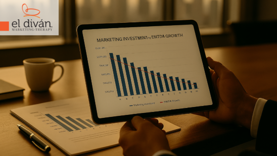 Gráfico comparativo de inversión en marketing frente a crecimiento de EBITDA en una oficina de dirección premium.